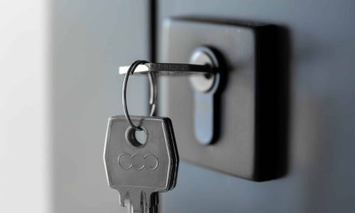 Close view of a key in the cylinder on dark doors with a black handle, soft light reveals matte metal and a calm contemporary style.